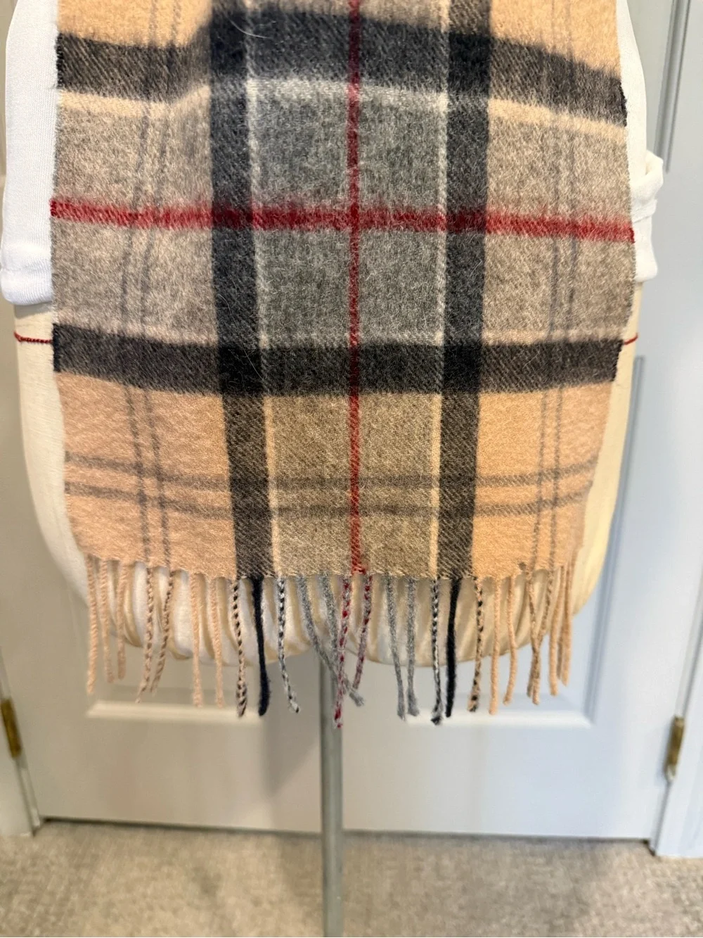 Barbour Tartan Beige Plaid Fringe Scarf